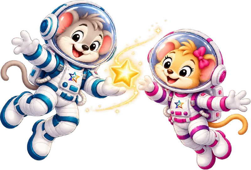 Astro and Nova floating in space suits, reaching for a golden star