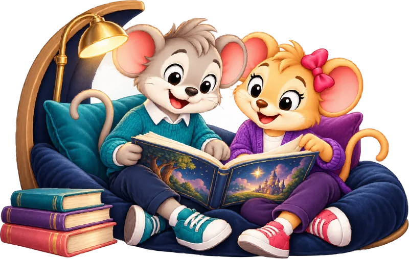 Astro and Nova sharing a storybook on a cosy reading couch